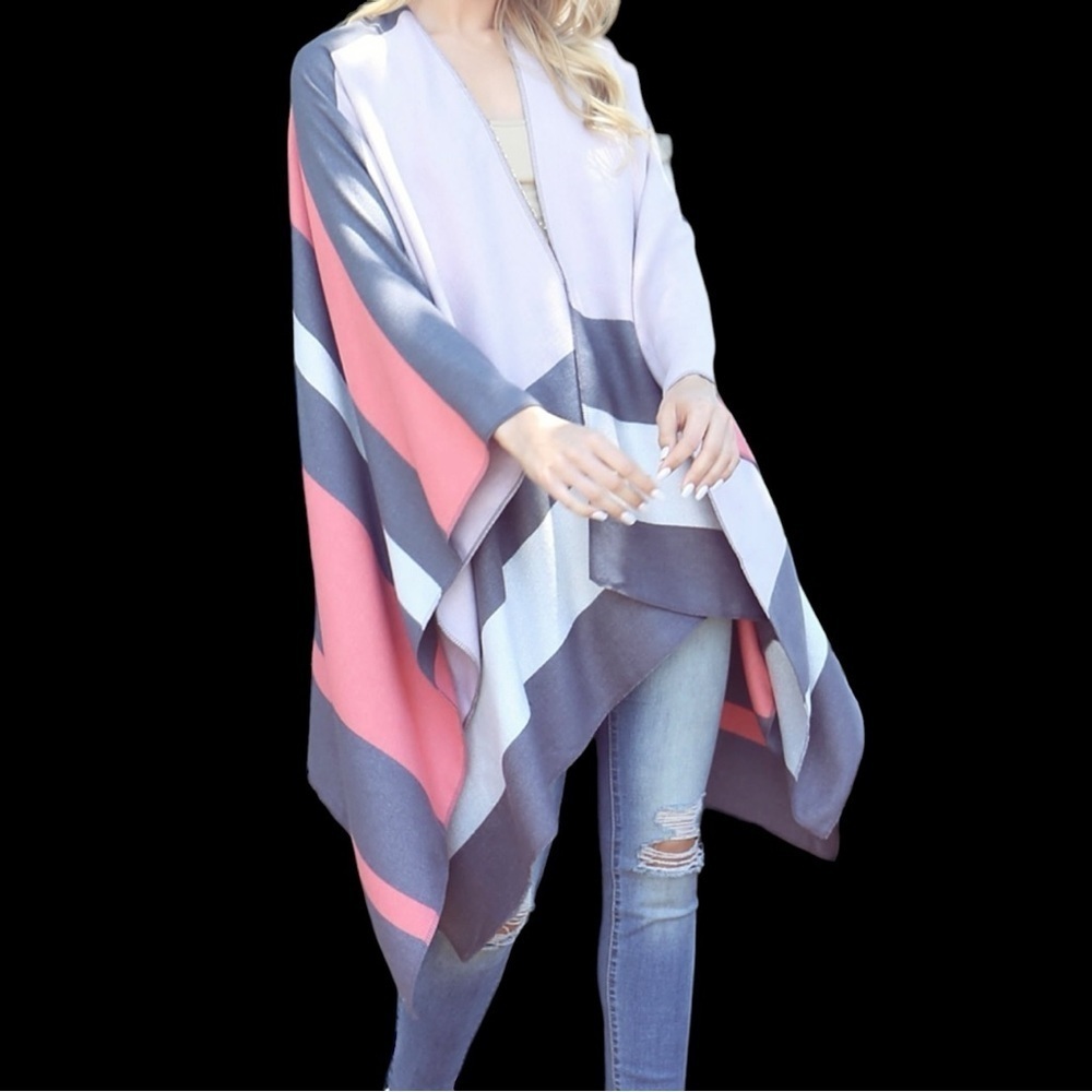 NEW Gray & Pink Multi Stripe Print Open Front Shawl / Kimono